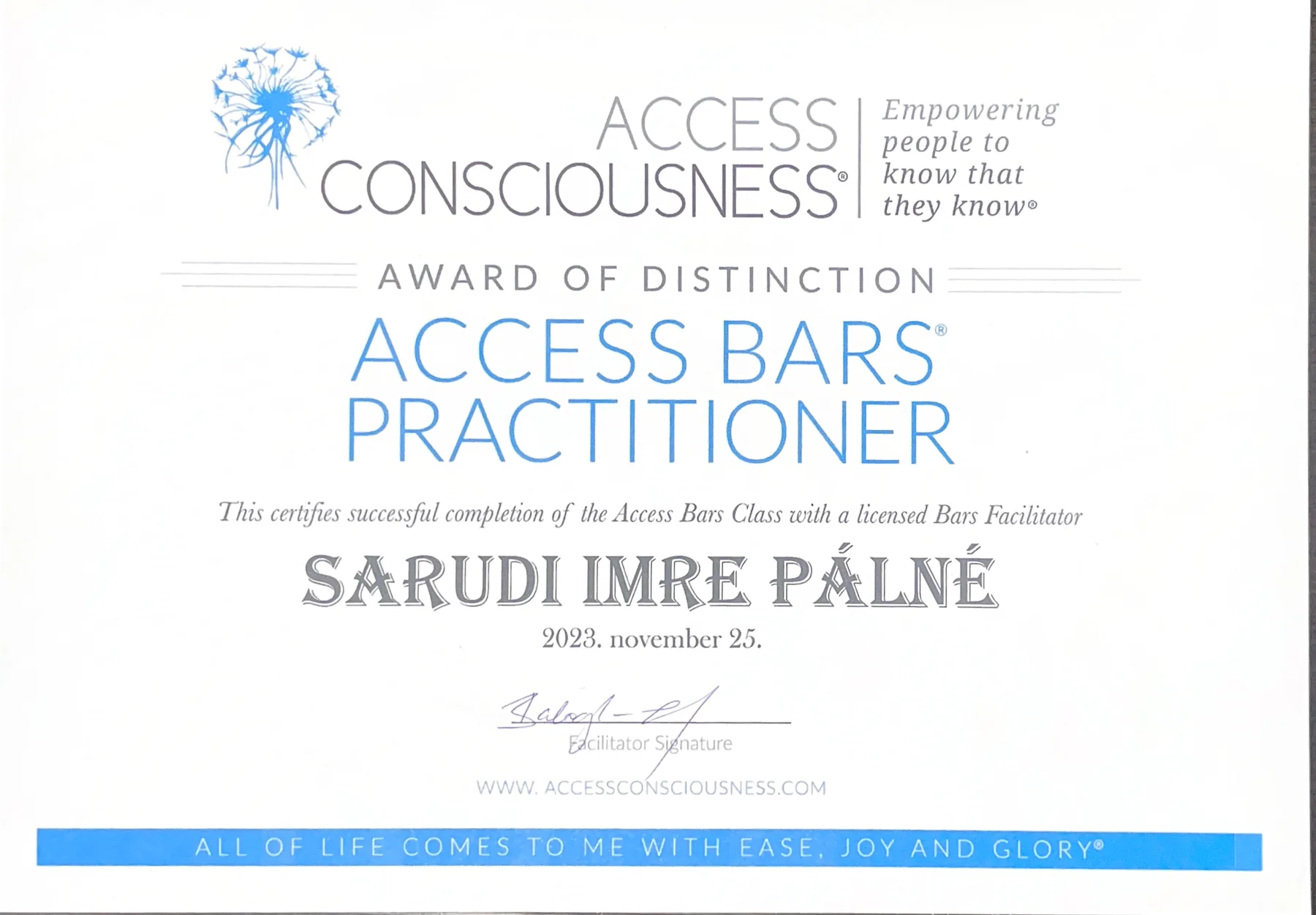 Access Bars Practitioner oklevél
