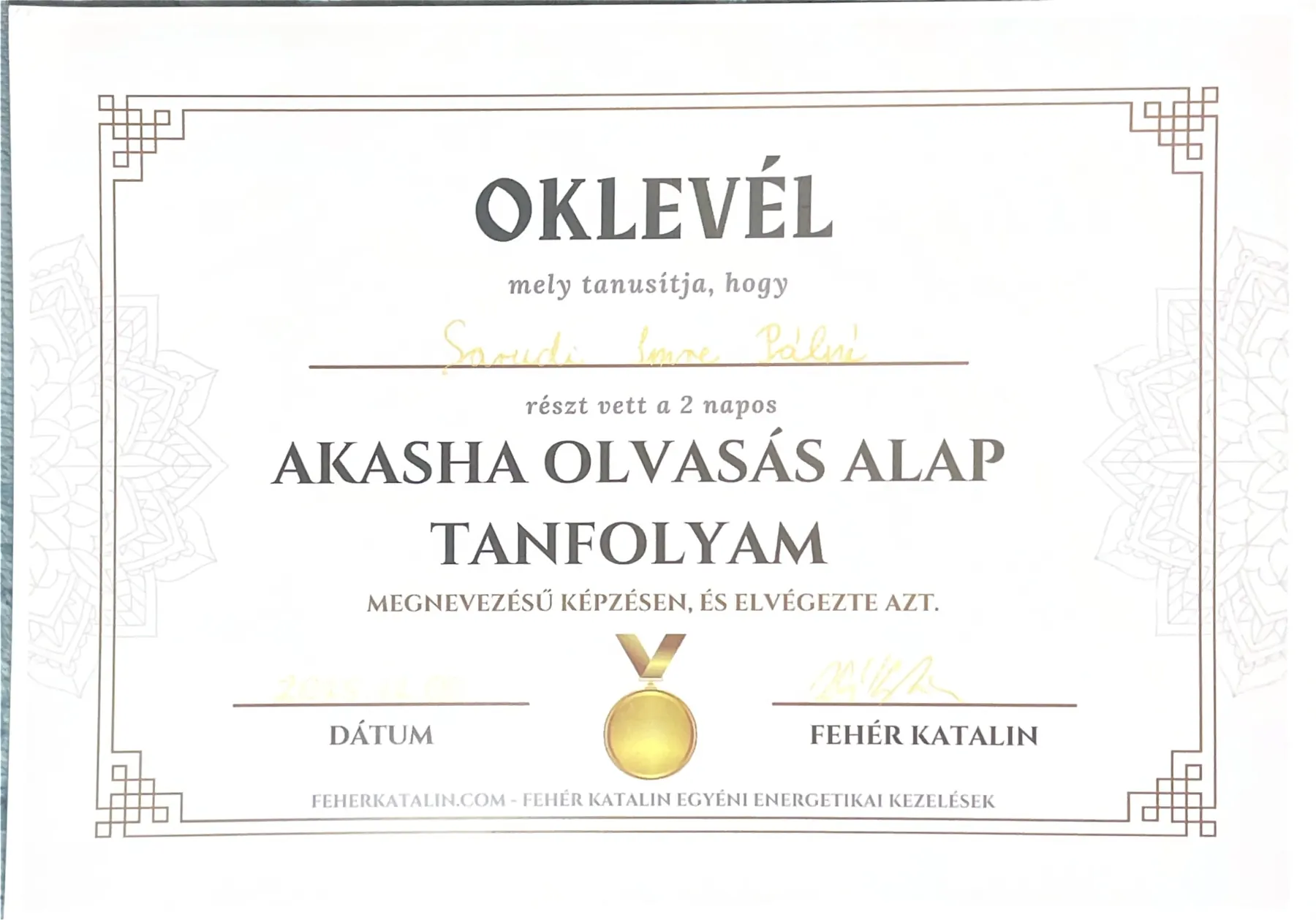 Akasha olvasás alaptanfolyam oklevél