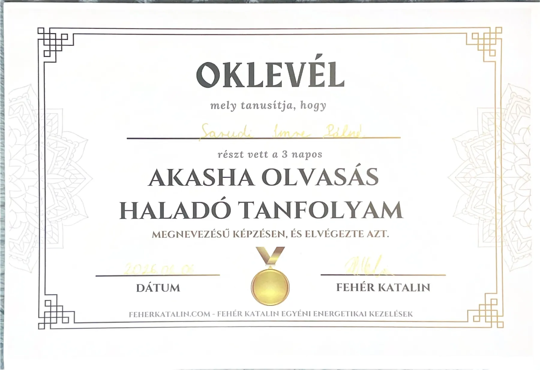 Akasha olvasás haladó tanfolyam oklevél