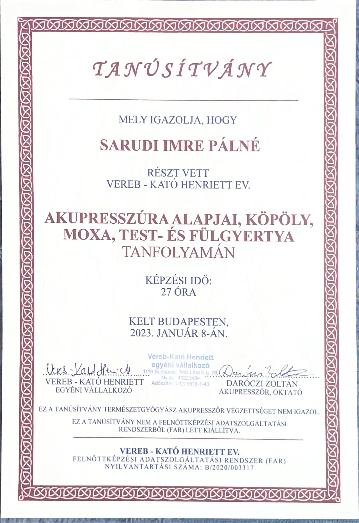 Akupresszúra, köpöly, moxa, test- és fülgyertya tanúsítvány
