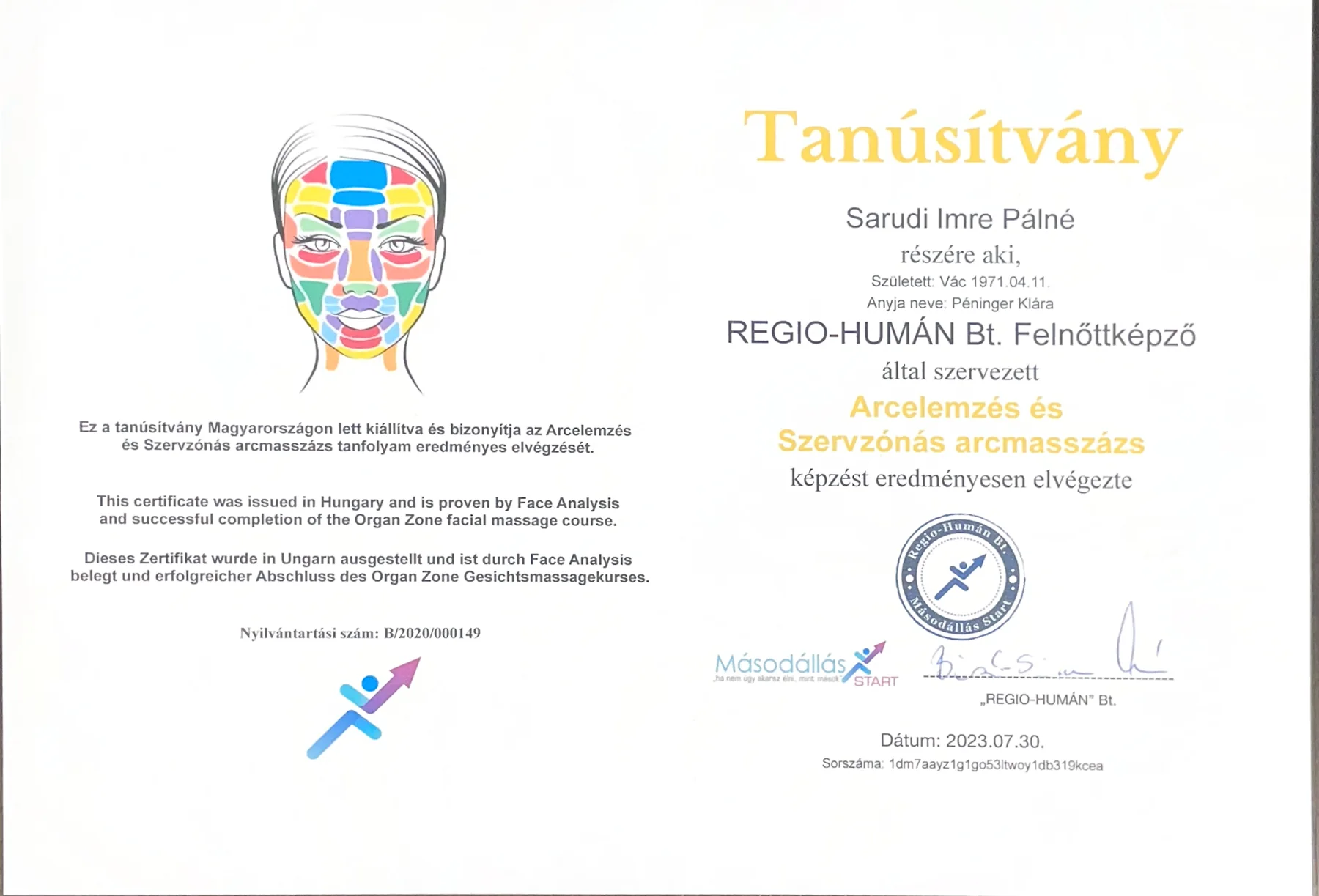 Arcelemzés és szervzónás arcmasszázs tanúsítvány