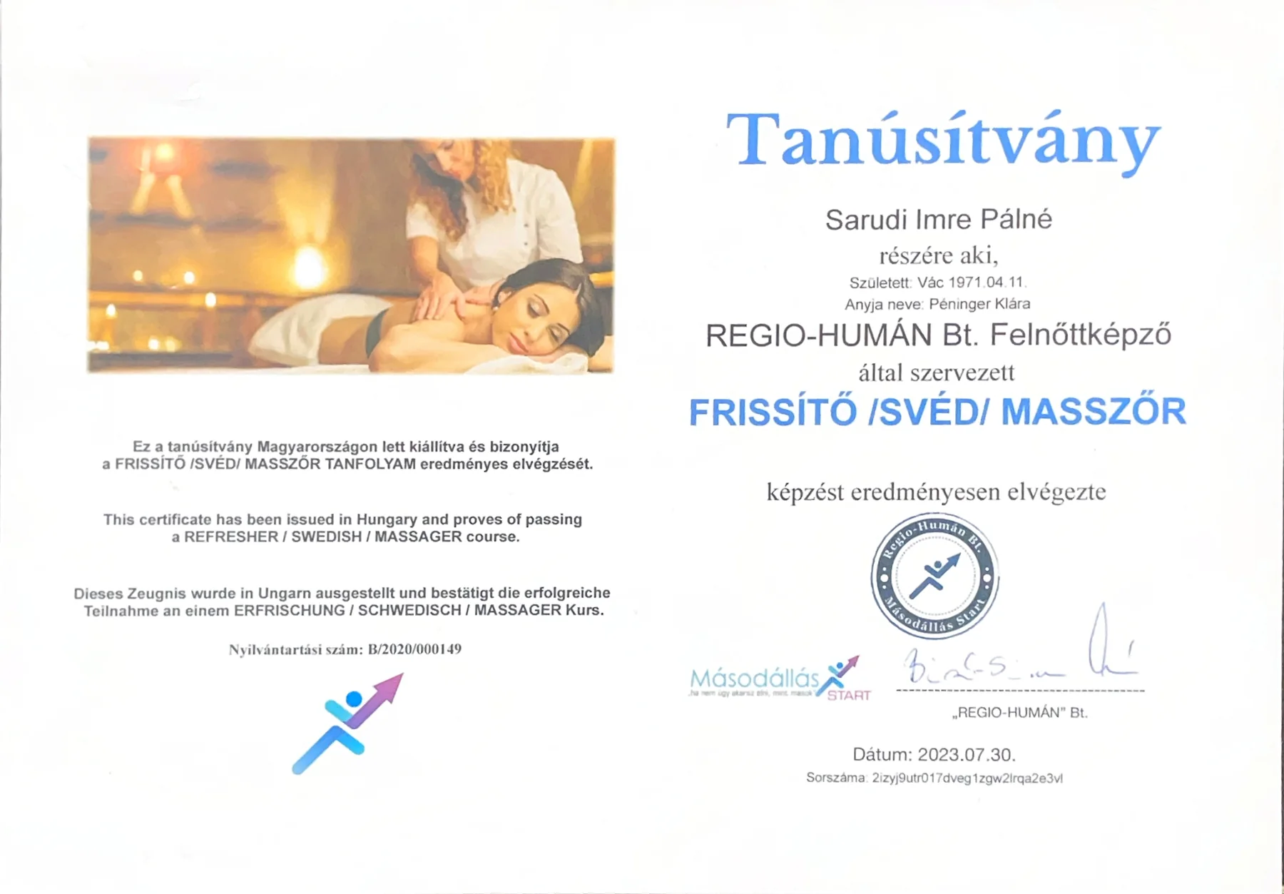 Frissítő svéd masszőr tanúsítvány