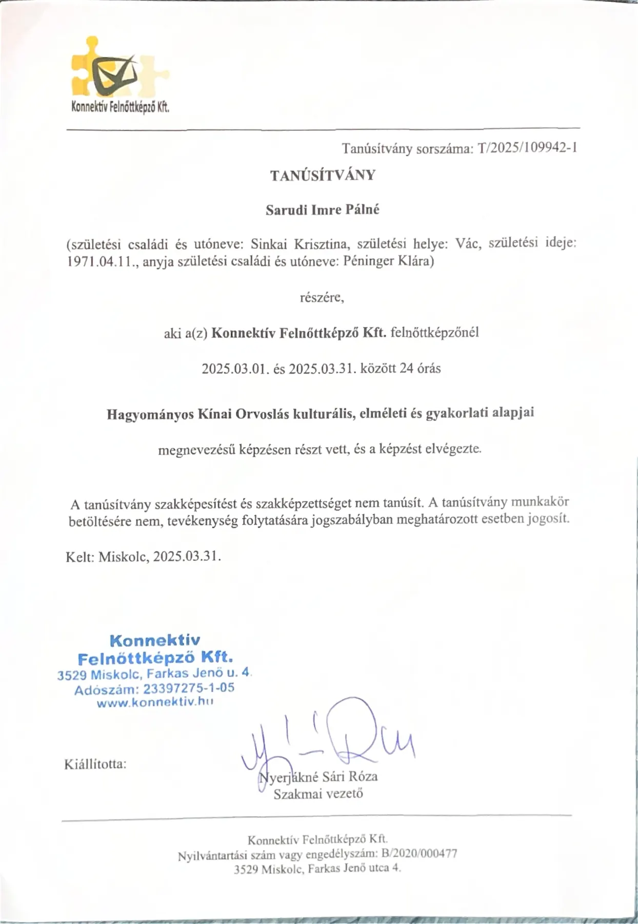 Hagyományos kínai orvoslás alapjai tanúsítvány