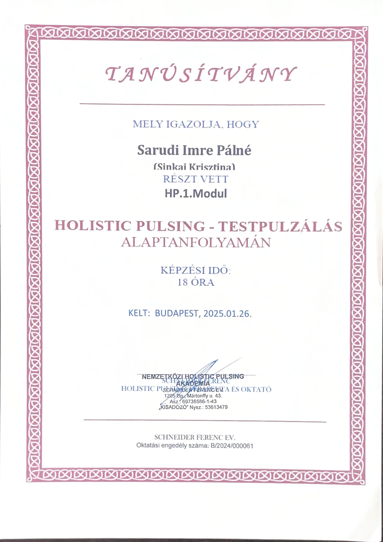 Holistic Pulsing testpulzálás tanúsítvány