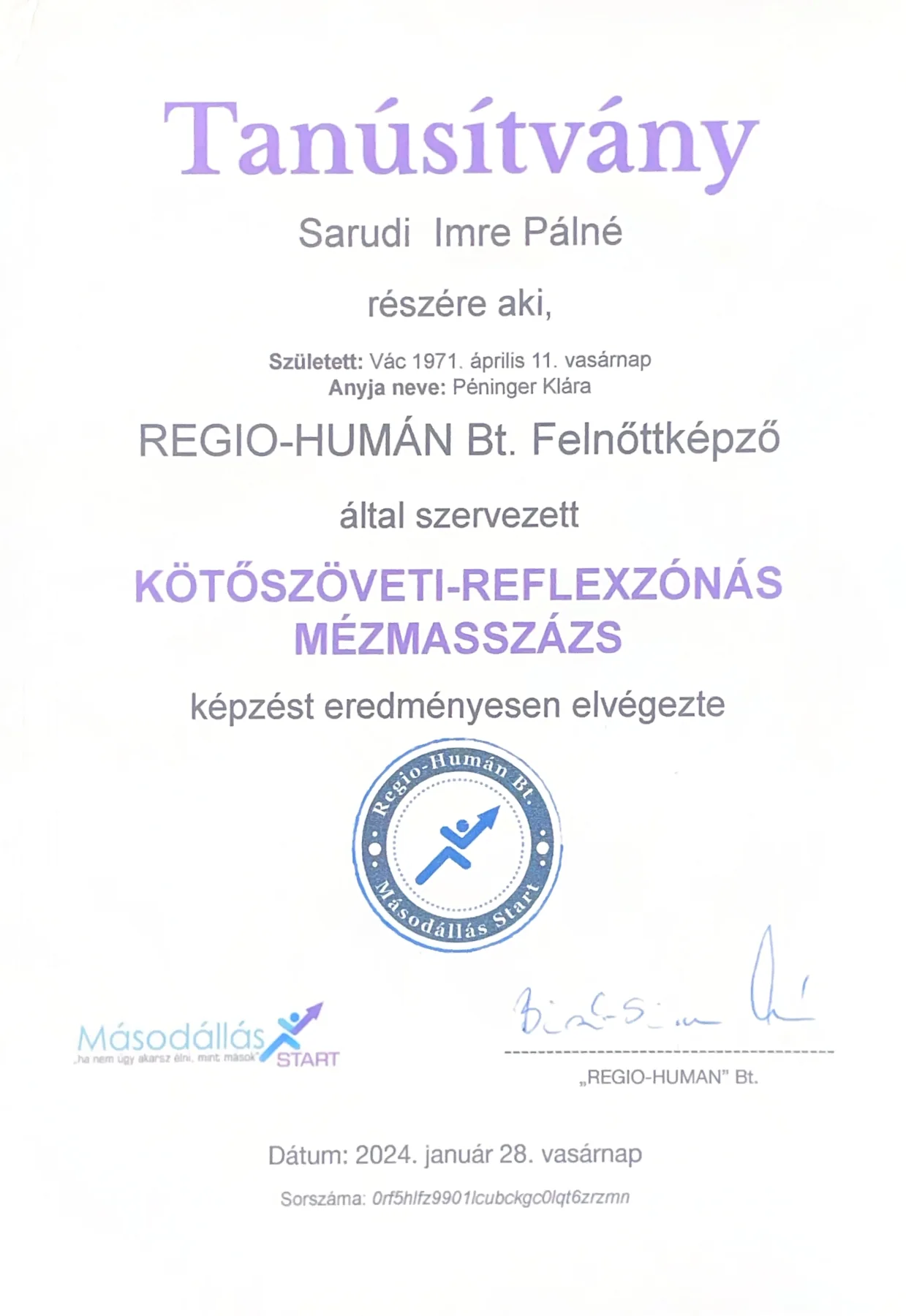 Kötőszöveti-reflexzónás mézmasszázs tanúsítvány