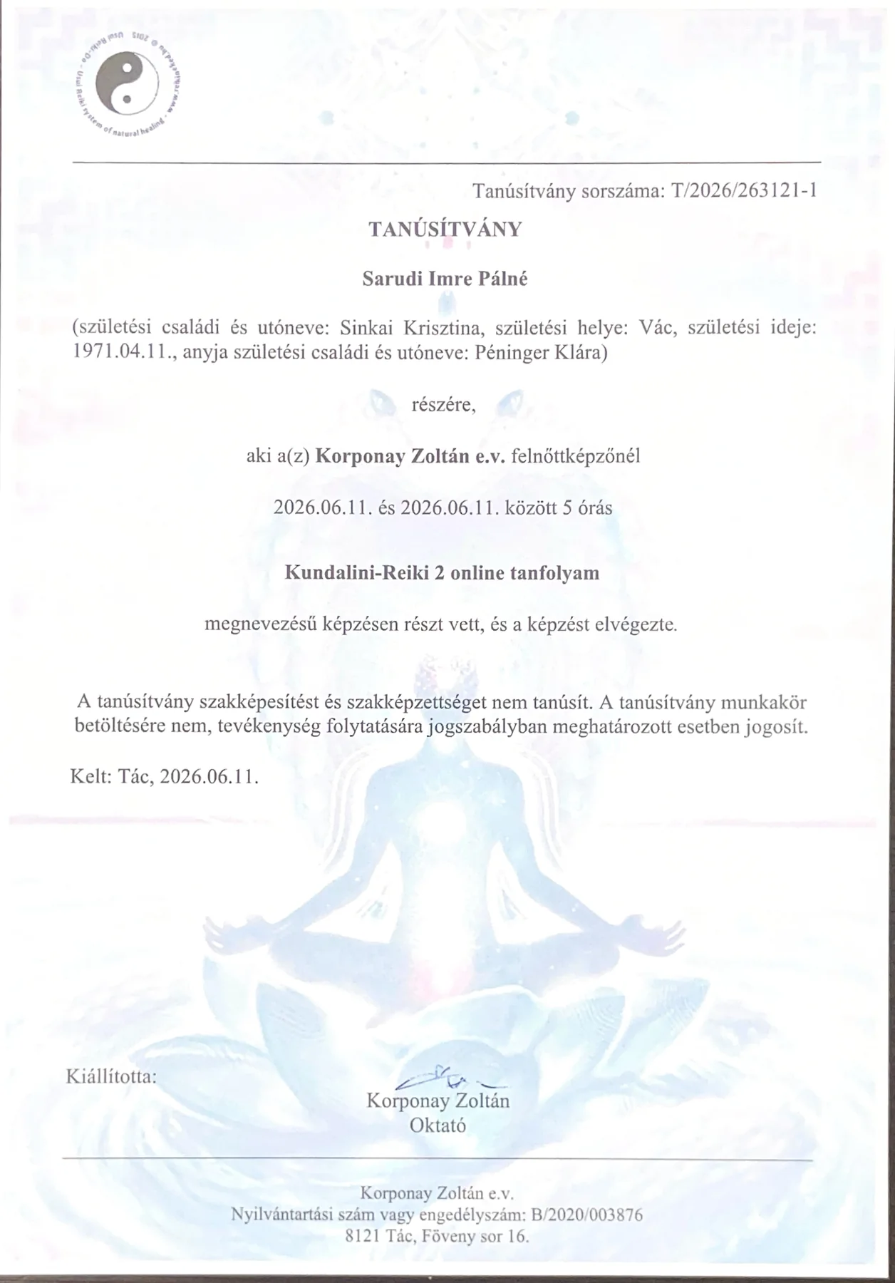 Kundalini Reiki második fokozat tanúsítvány