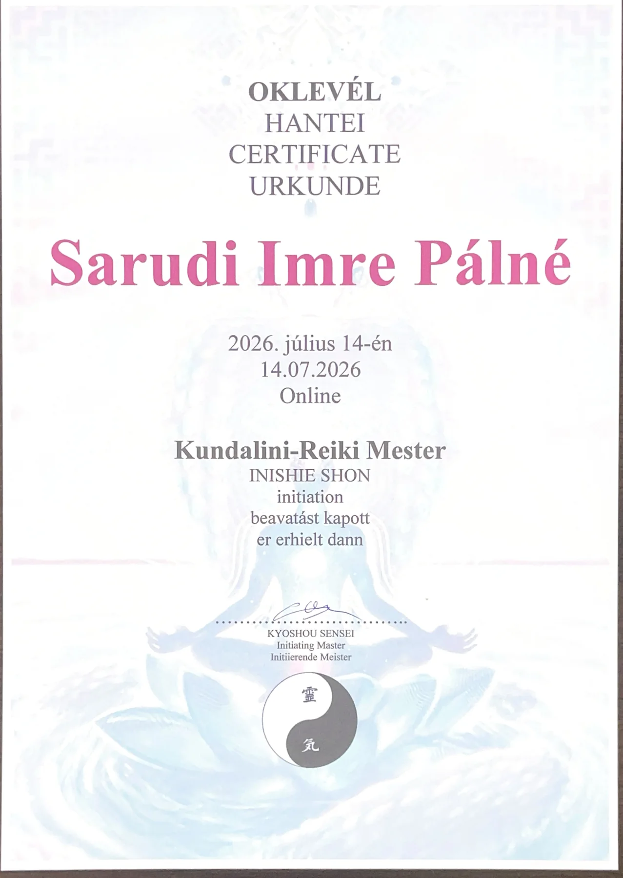 Kundalini Reiki Mester oklevél