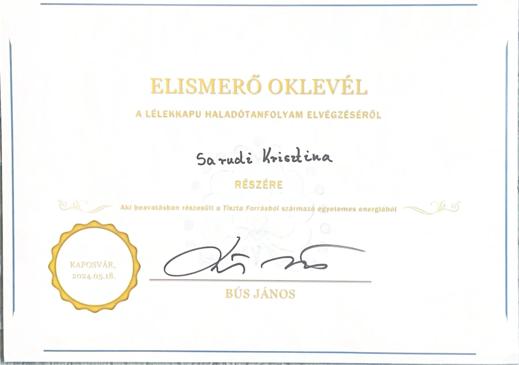 Lélekkapu haladó tanfolyam elismerő oklevél