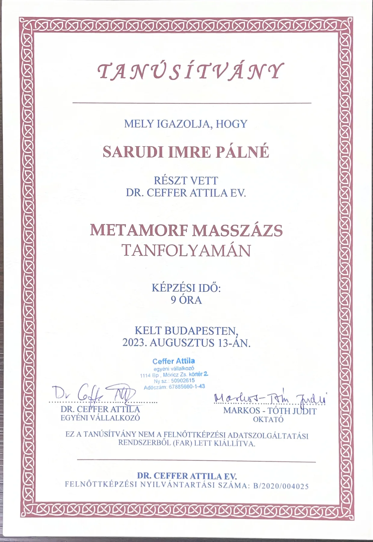 Metamorf masszázs tanúsítvány
