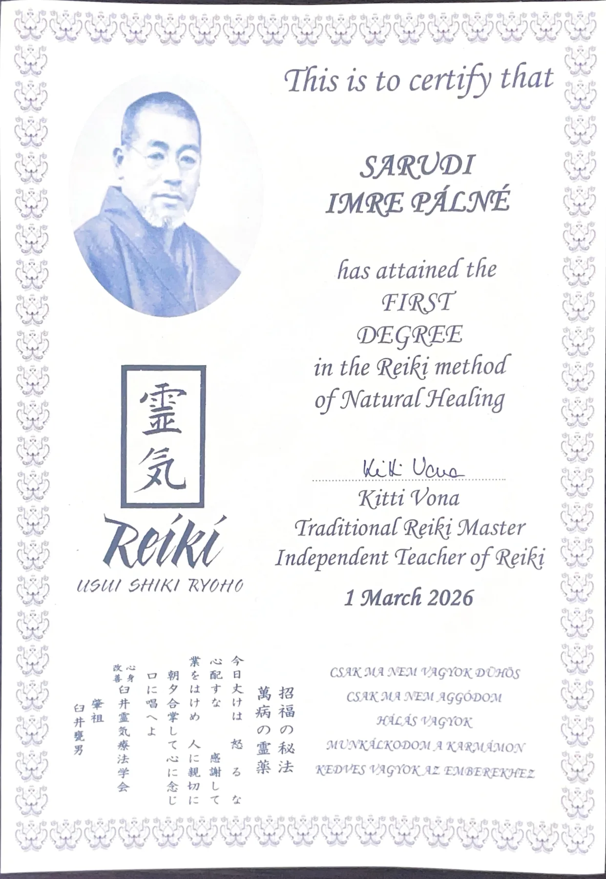 Usui Reiki első fokozat oklevél