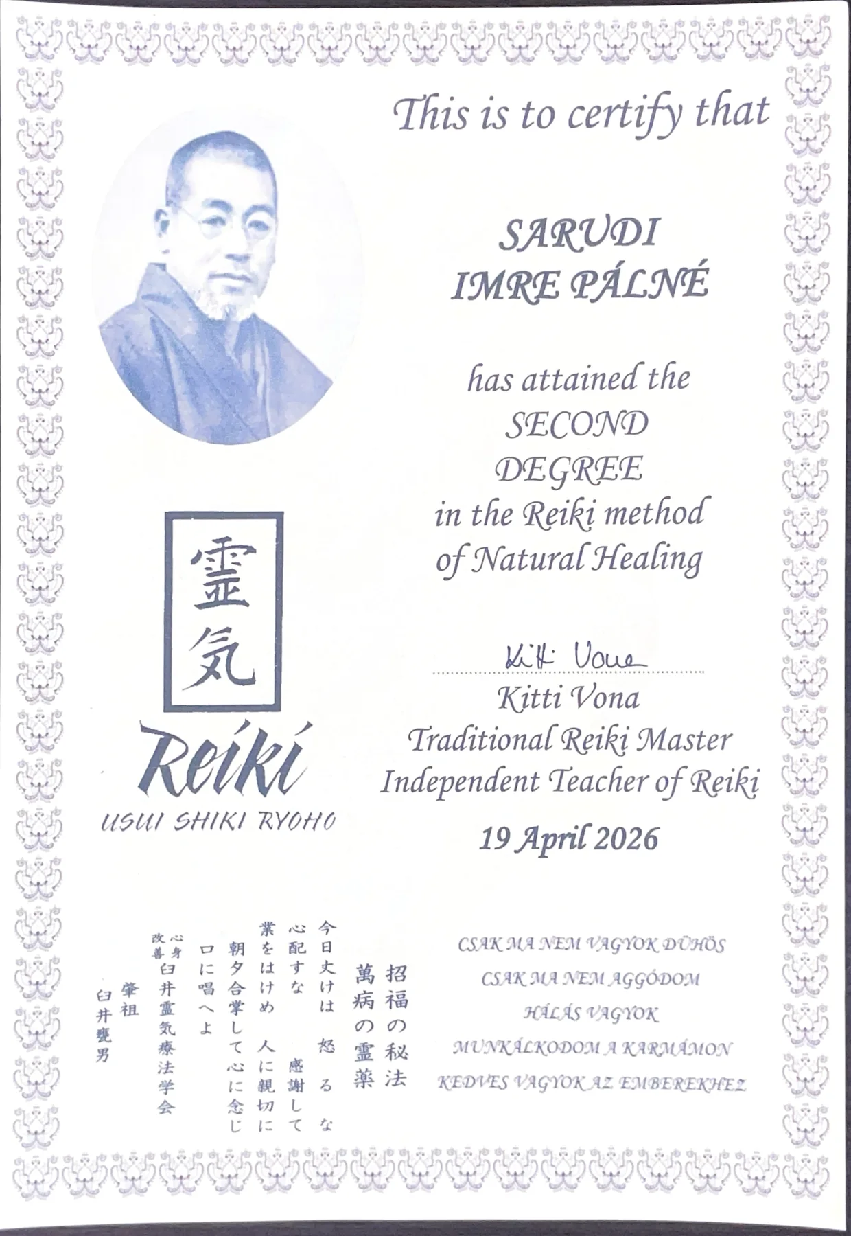Usui Reiki második fokozat oklevél