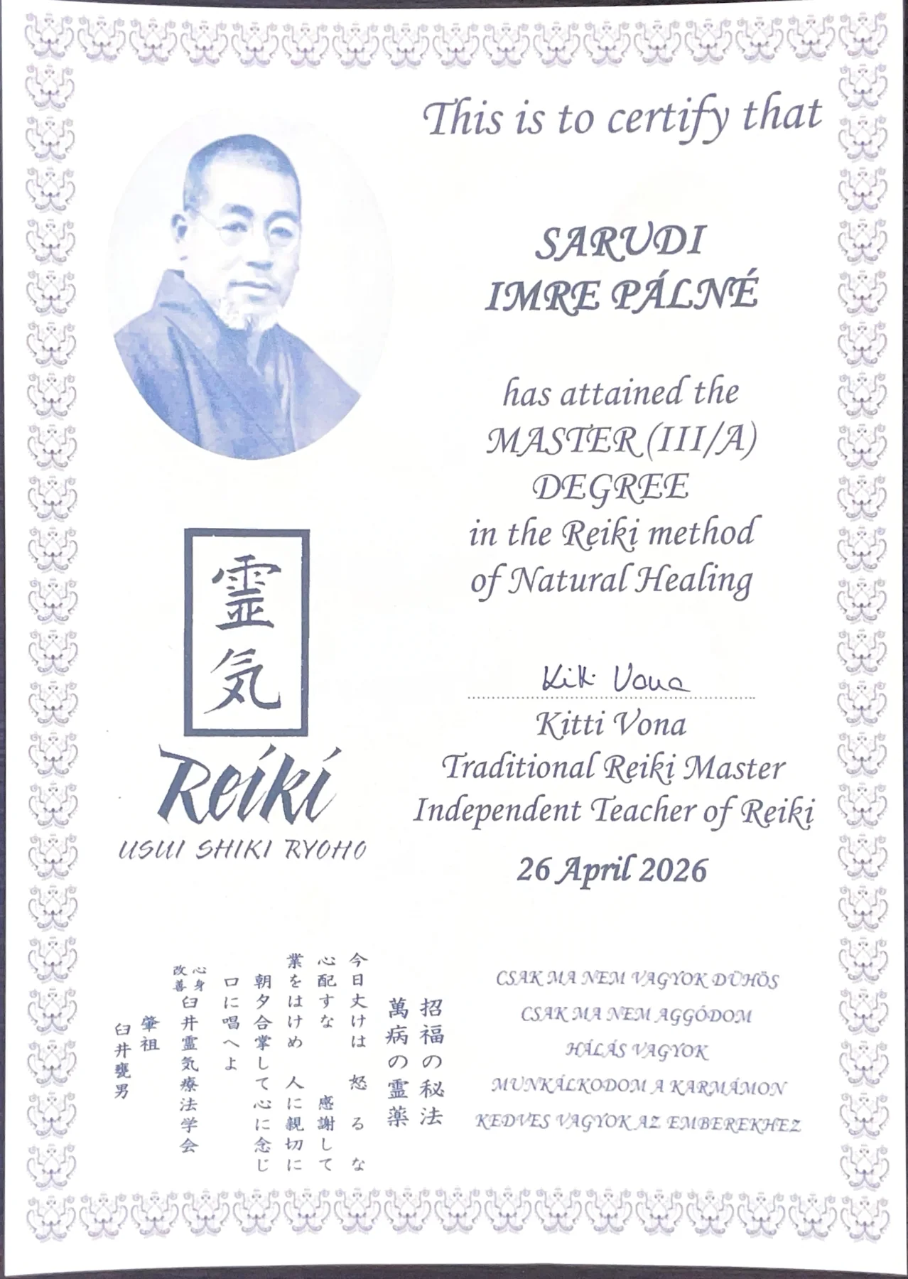 Usui Reiki Mester harmadik fokozat oklevél