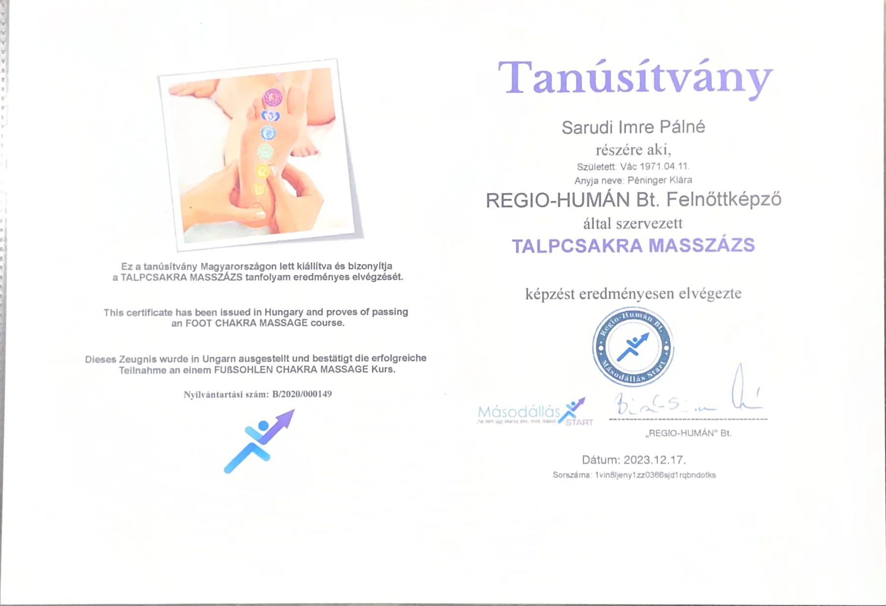 Talpcsakra masszázs tanúsítvány