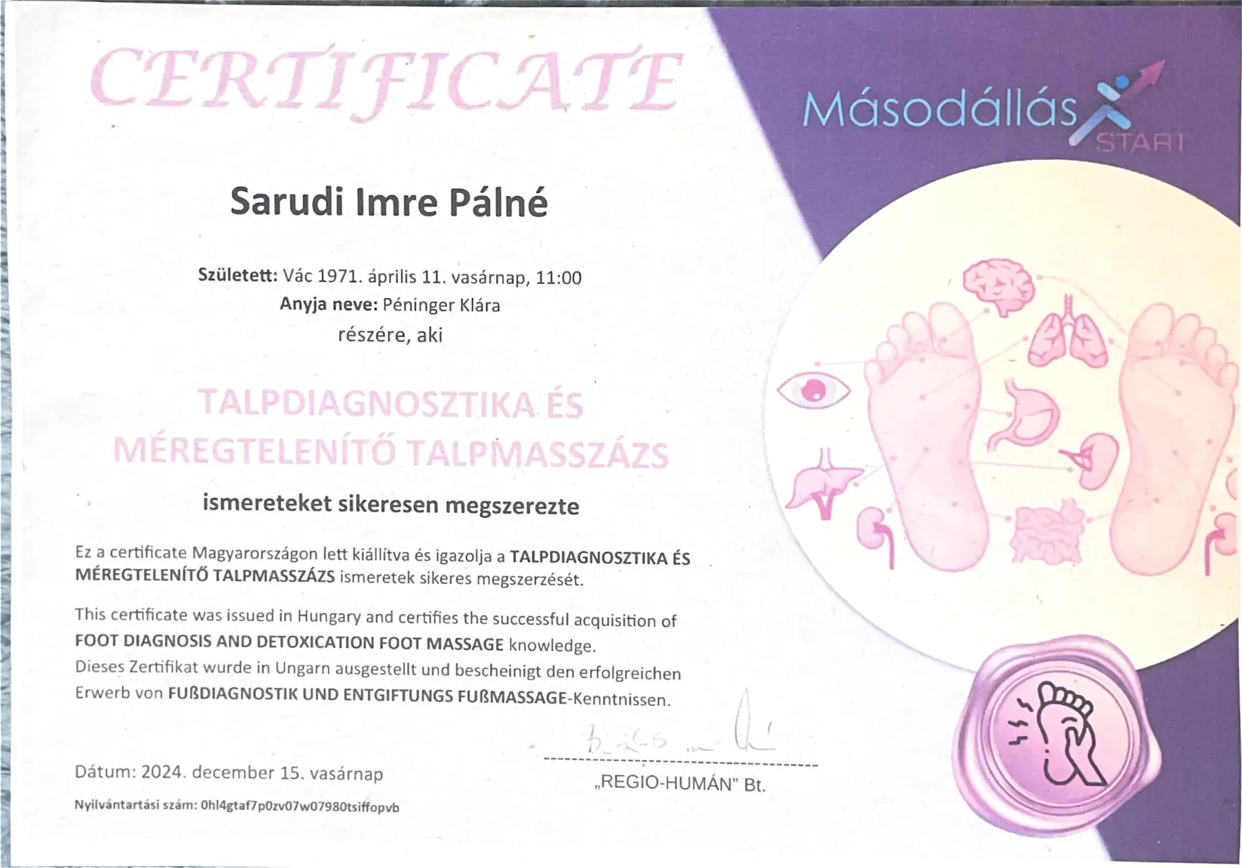 Talpdiagnosztika és méregtelenítő talpmasszázs certifikát