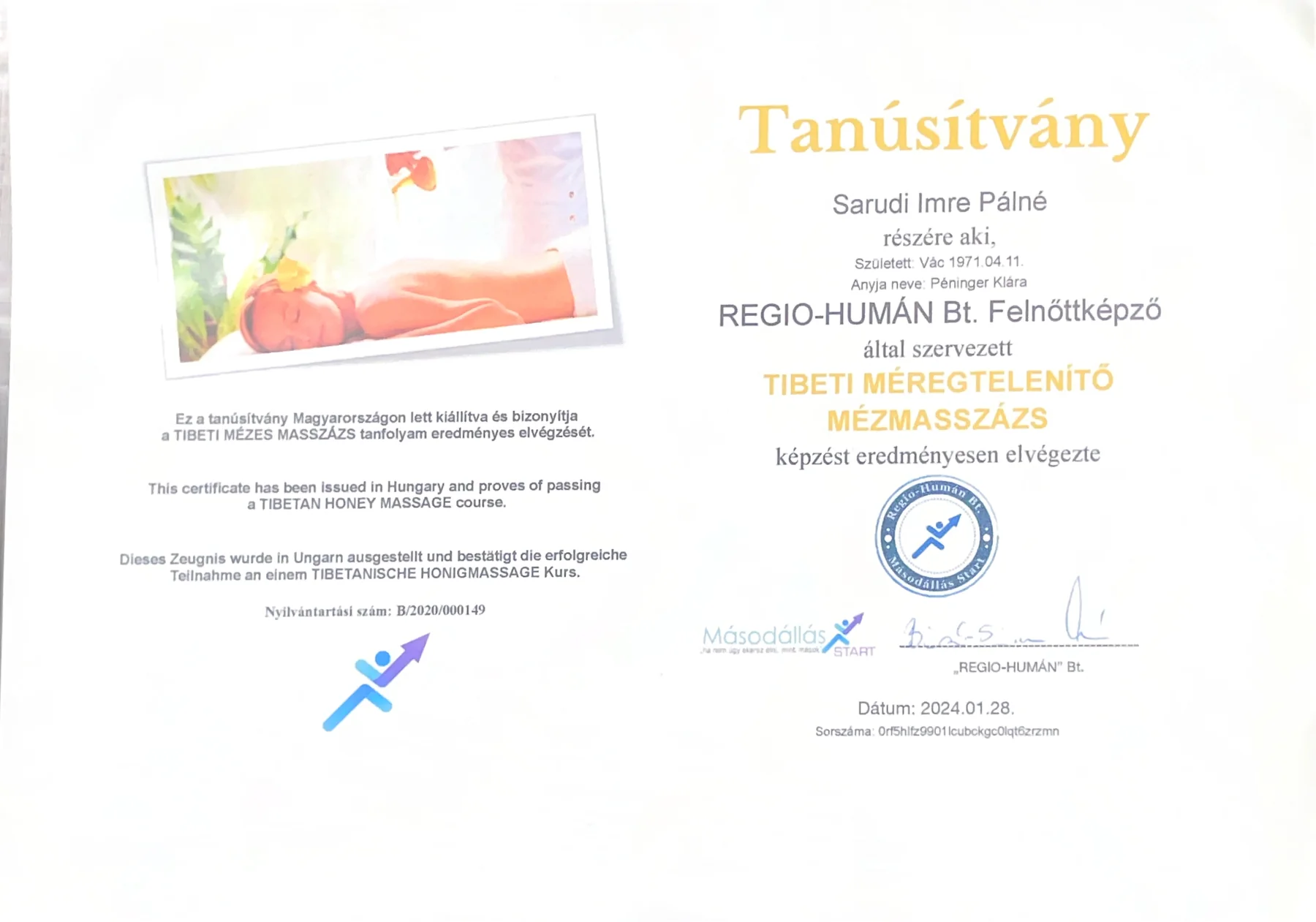 Tibeti méregtelenítő mézmasszázs tanúsítvány