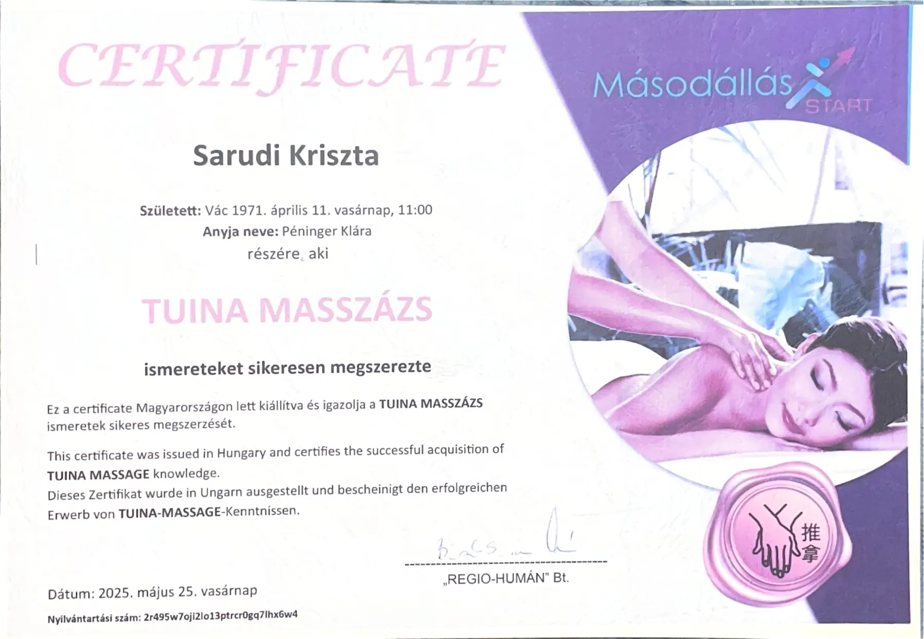 Tuina masszázs certifikát