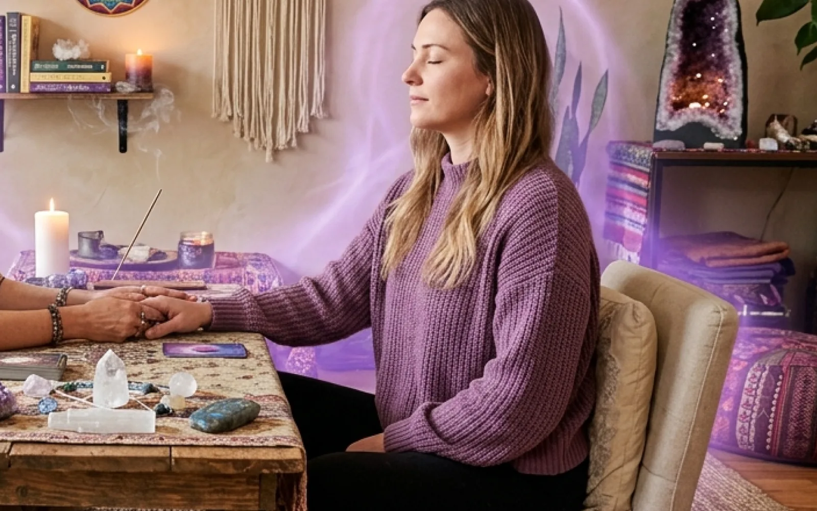 Nyitott jegyzetfüzet és finom, meditatív részletek egy Akasha olvasás hangulatában