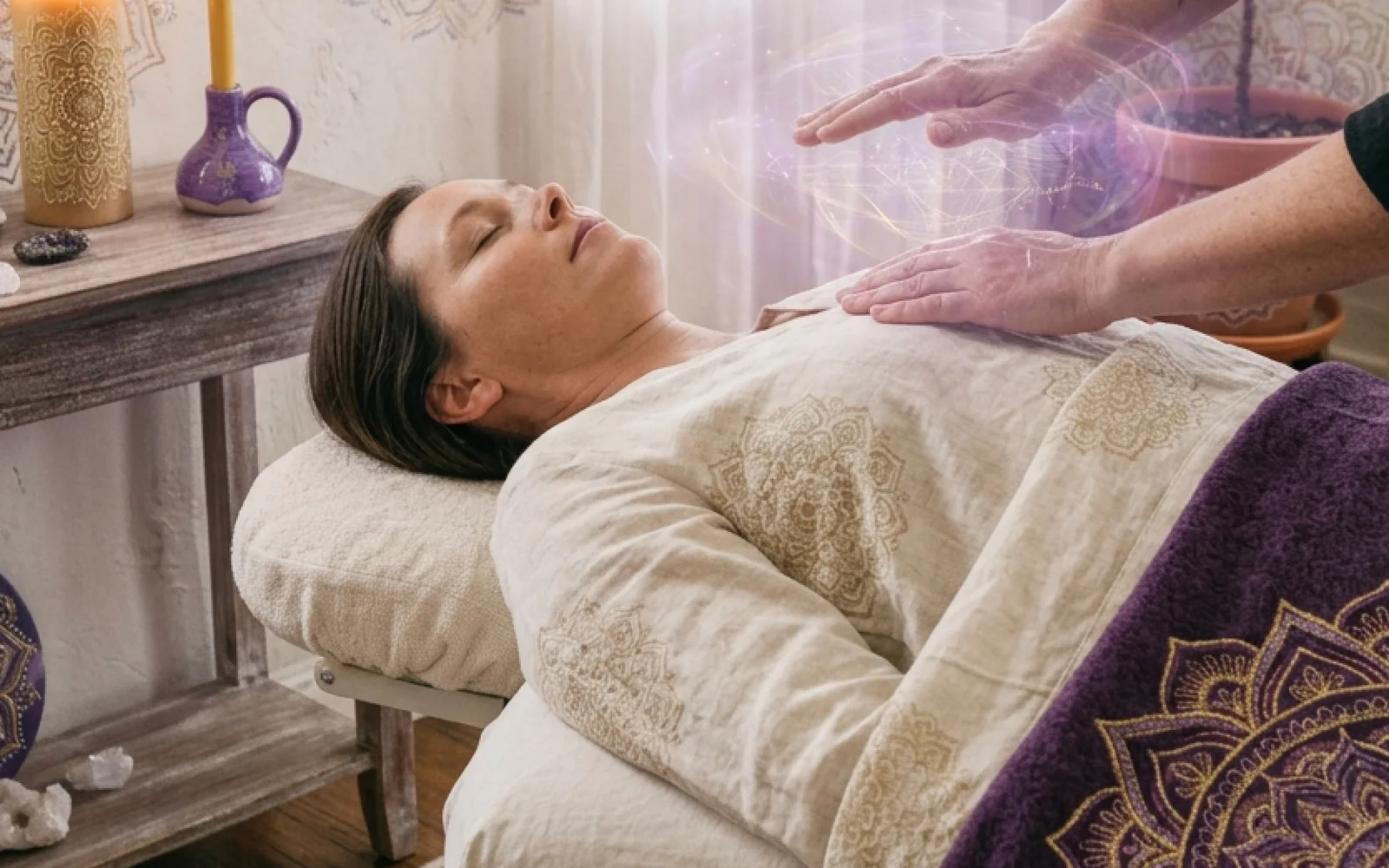Finom kéztartás egy csendes Reiki energetikai kezelés közben