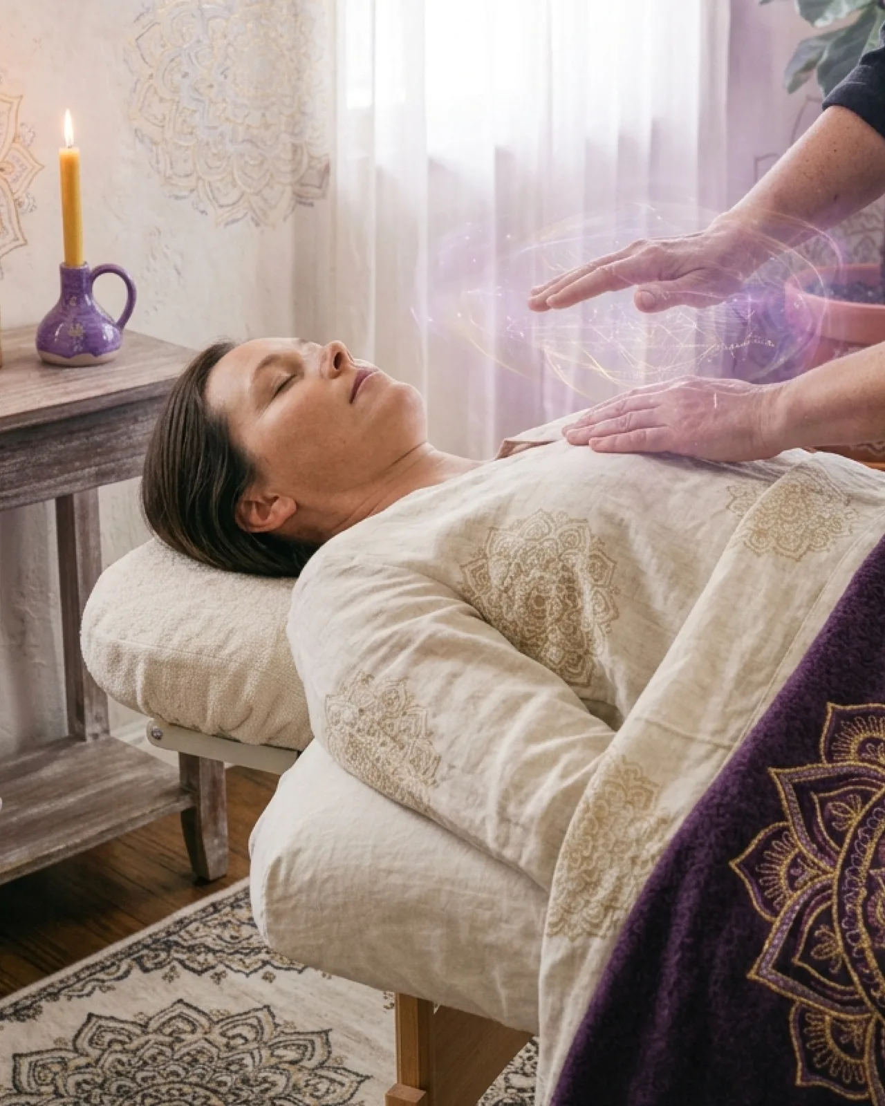 Nyugodt Reiki kezelés puha textíliákkal és meleg, visszafogott fényekkel